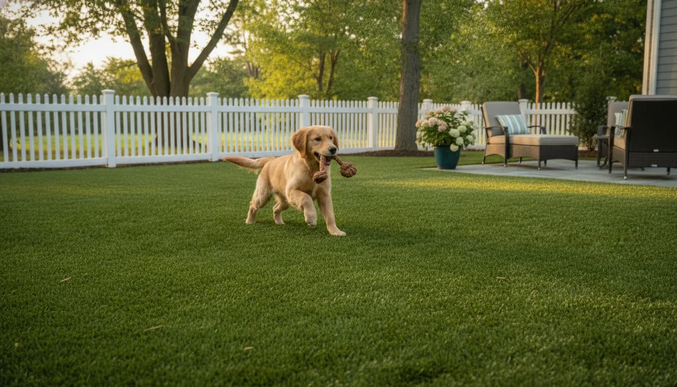 Pet-friendly synthetic grass backyard with a dog playing on the lawn