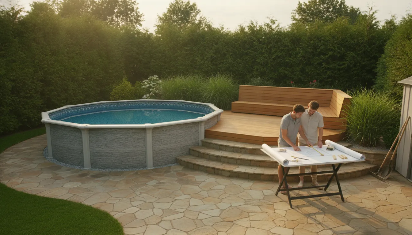 Above ground pool integrated with a backyard patio and landscaping