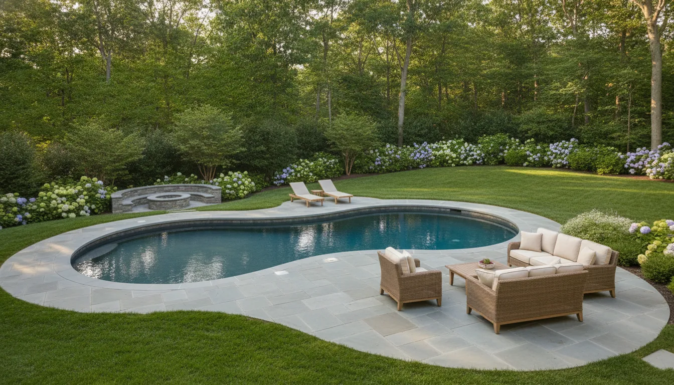 Backyard swim spa and landscaped outdoor living area
