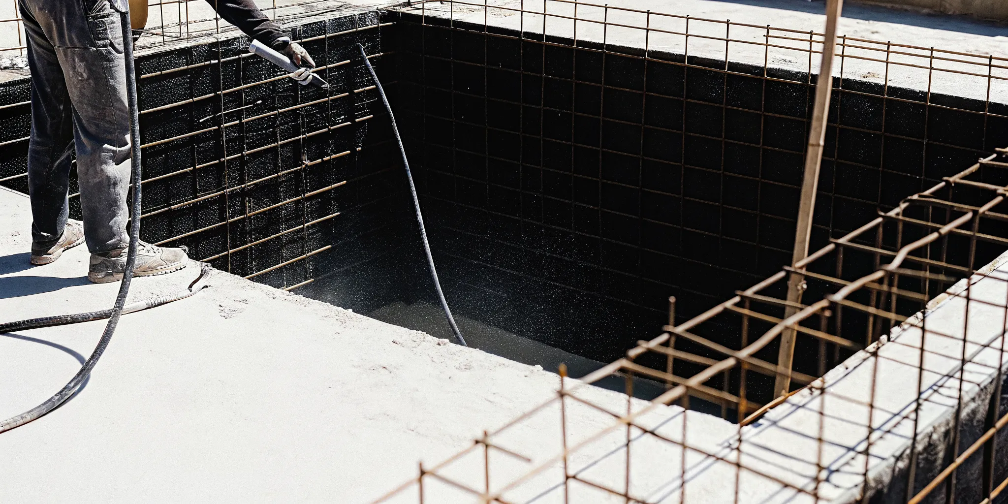 Gunite pool construction with steel rebar cage being sprayed with gunite concrete on a residential Long Island job site