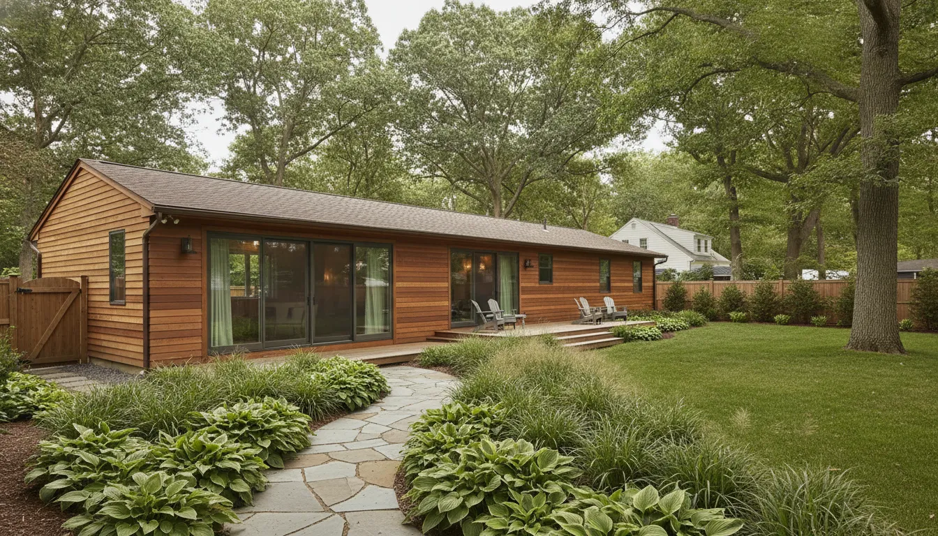 Long Island ranch home addition connected to a landscaped yard