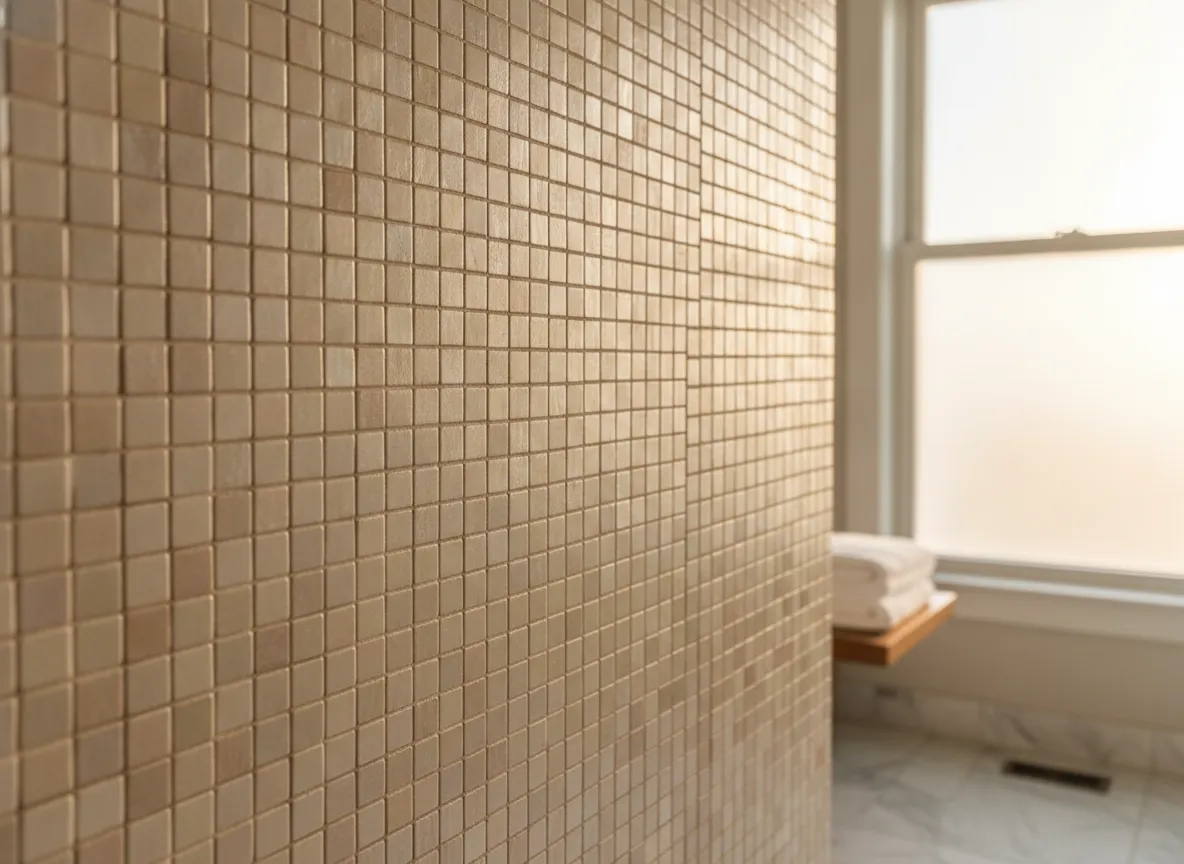 Small mosaic shower wall with many grout joints beside a bright bathroom window