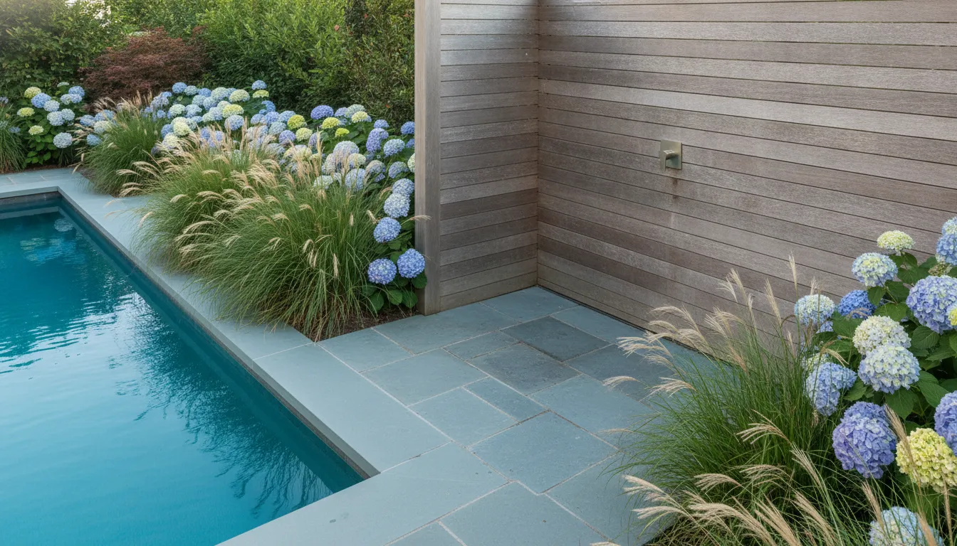 Outdoor shower design with bluestone and privacy planting