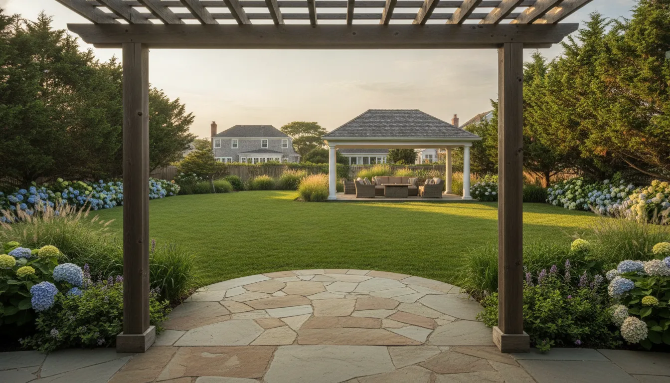 Open pergola and solid roof pavilion in a Long Island backyard