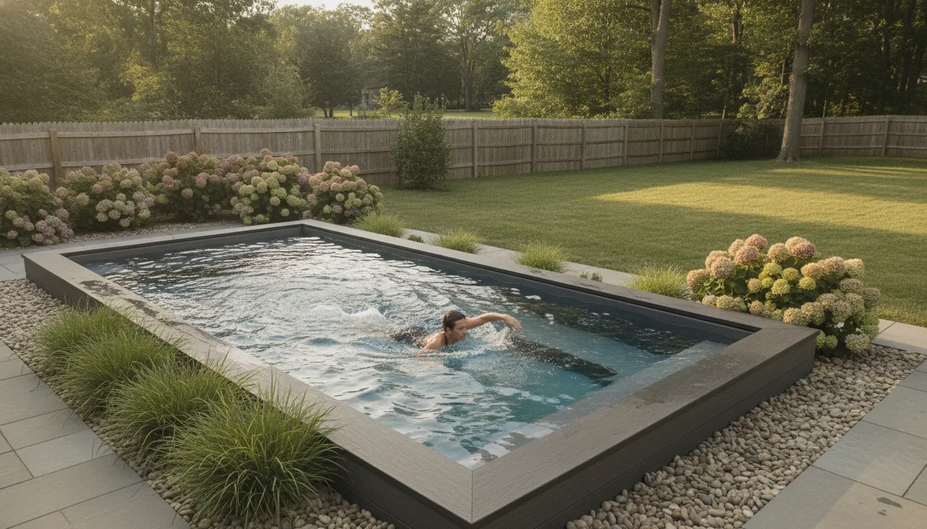 Swim spa in use in a Long Island backyard