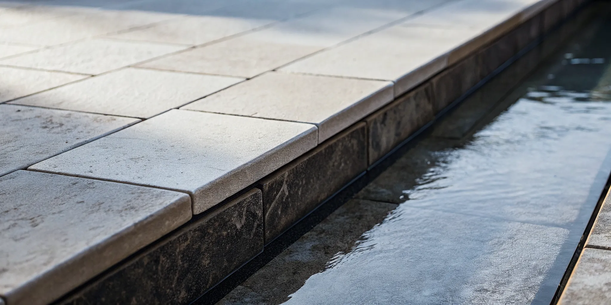 Tumbled beige travertine pavers forming a pool deck edge beside a residential Long Island swimming pool