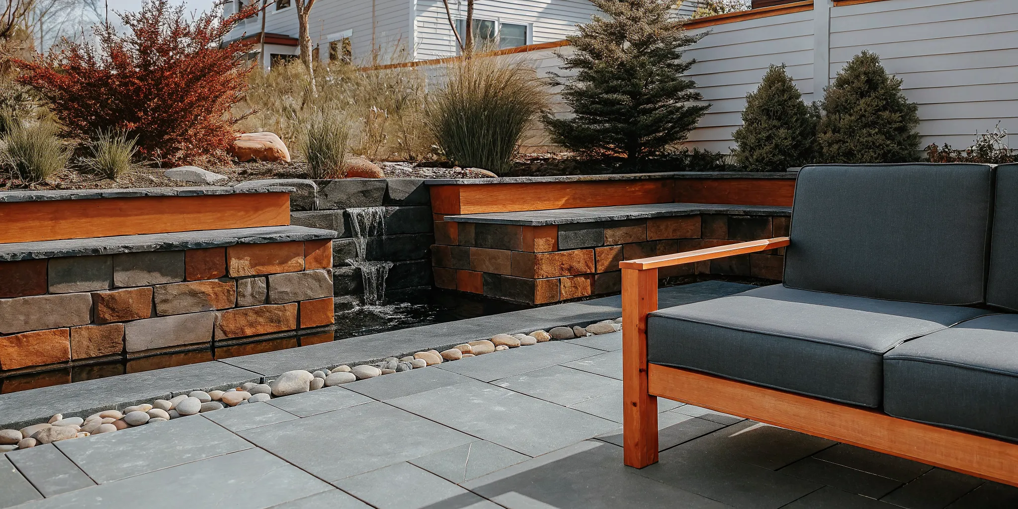 Natural stone waterfall and koi pond surrounded by a bluestone patio in a Long Island backyard