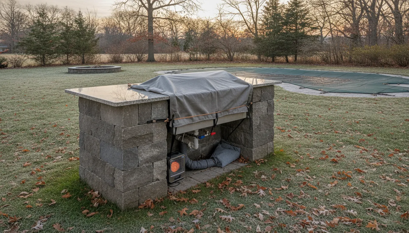 Homeowner preparing an outdoor kitchen sink for winter protection