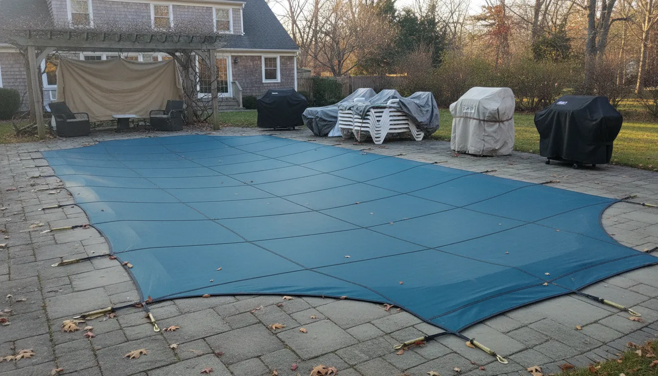 Winterized pool with a protective cover and covered pool equipment