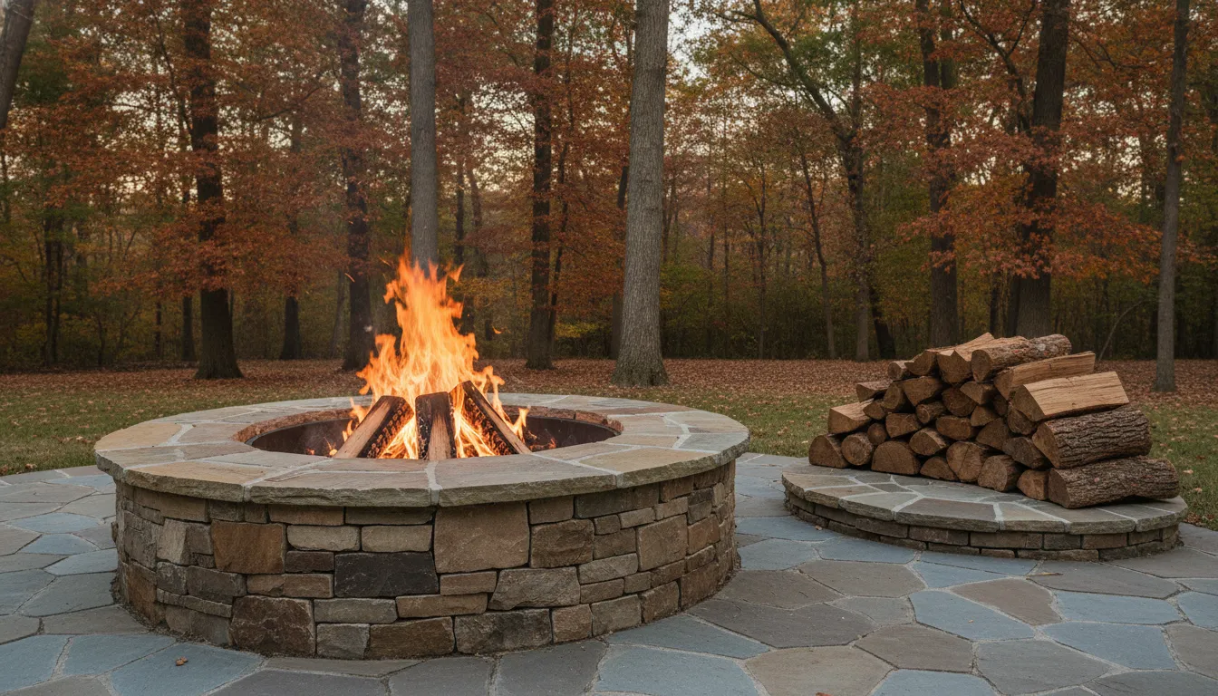 Wood-burning fire pit built from natural fieldstone set into a bluestone paver patio on an autumn Long Island evening