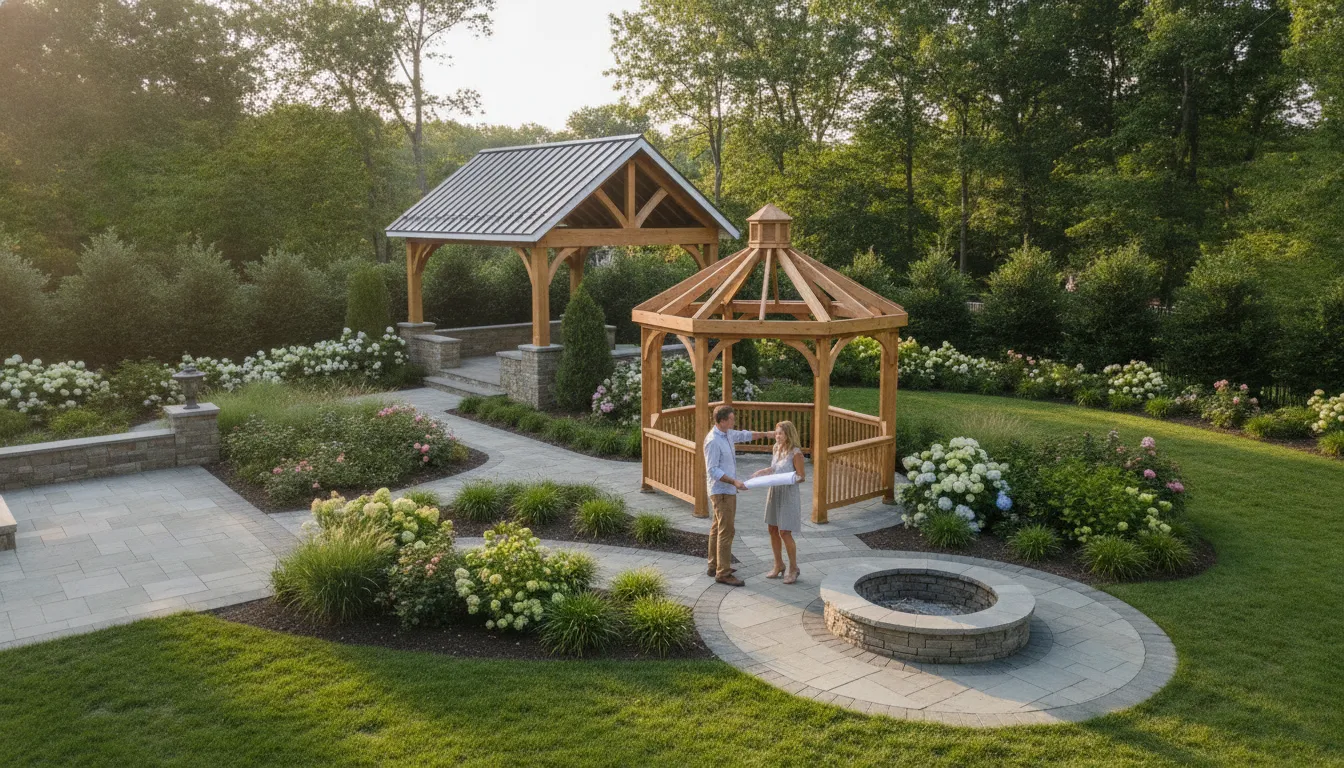 Covered outdoor seating and patio layout in a Long Island yard