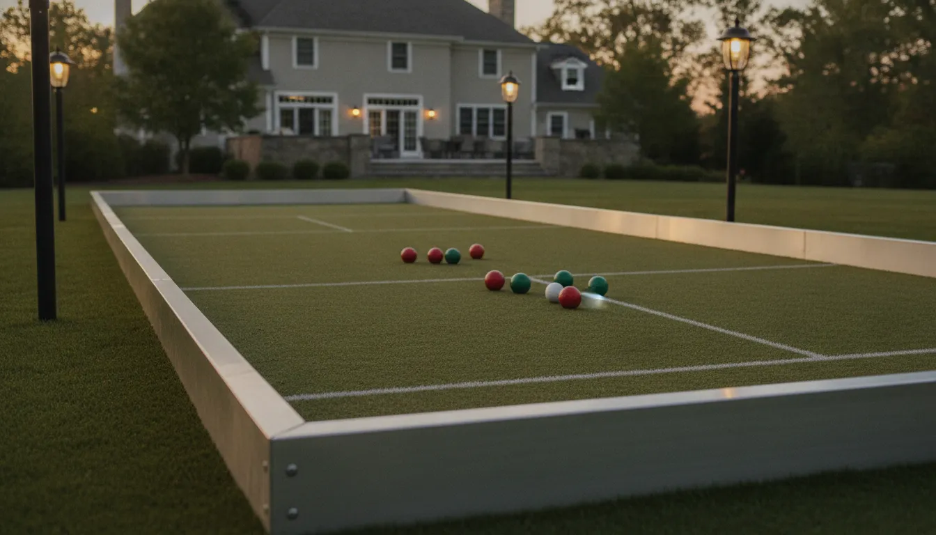 Synthetic turf bocce court surface with aluminum borders and outdoor lighting