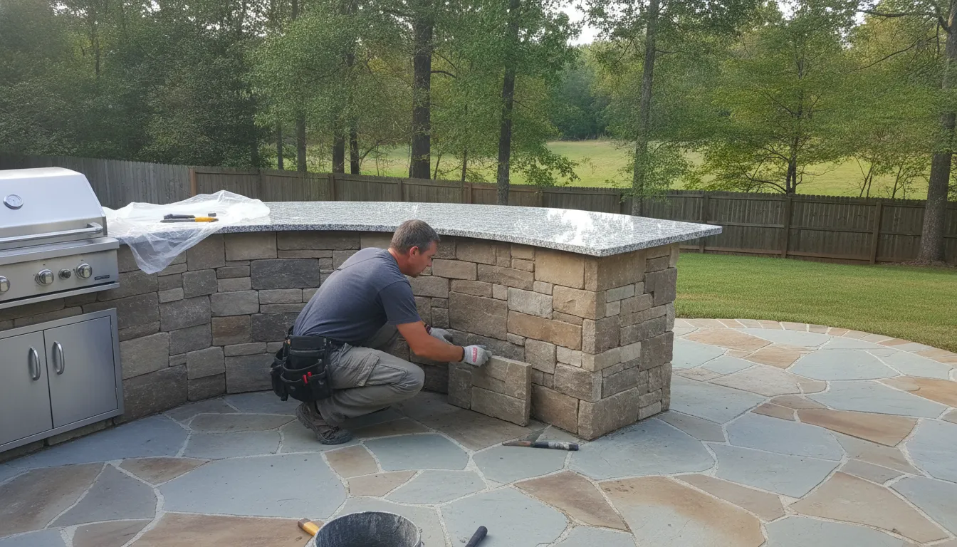 Contractor installing a custom masonry outdoor kitchen island with granite countertop on a Long Island patio