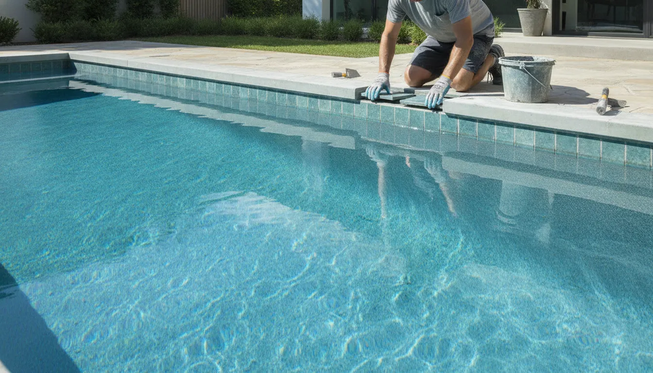 Freshly resurfaced in-ground swimming pool with new quartz finish and ceramic tile waterline