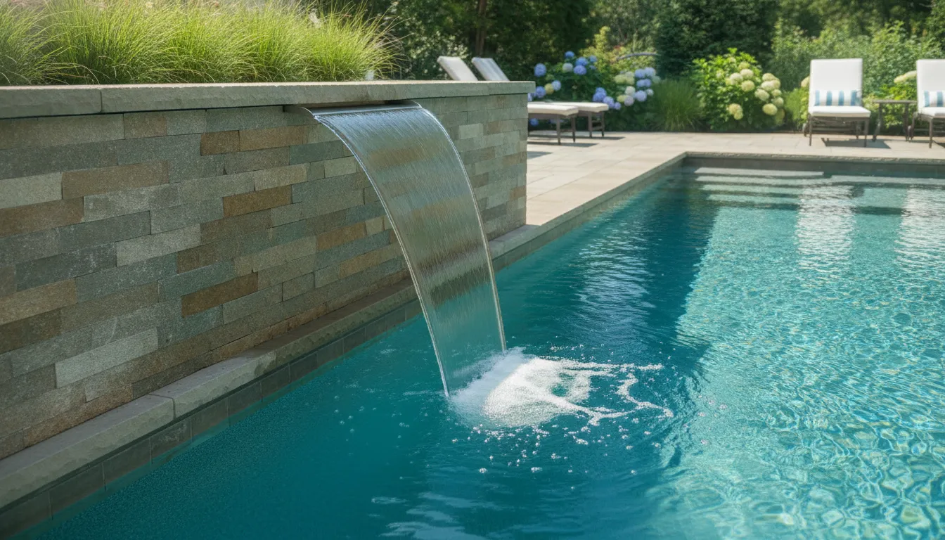 Luxury residential pool with a natural rock waterfall cascading into the water