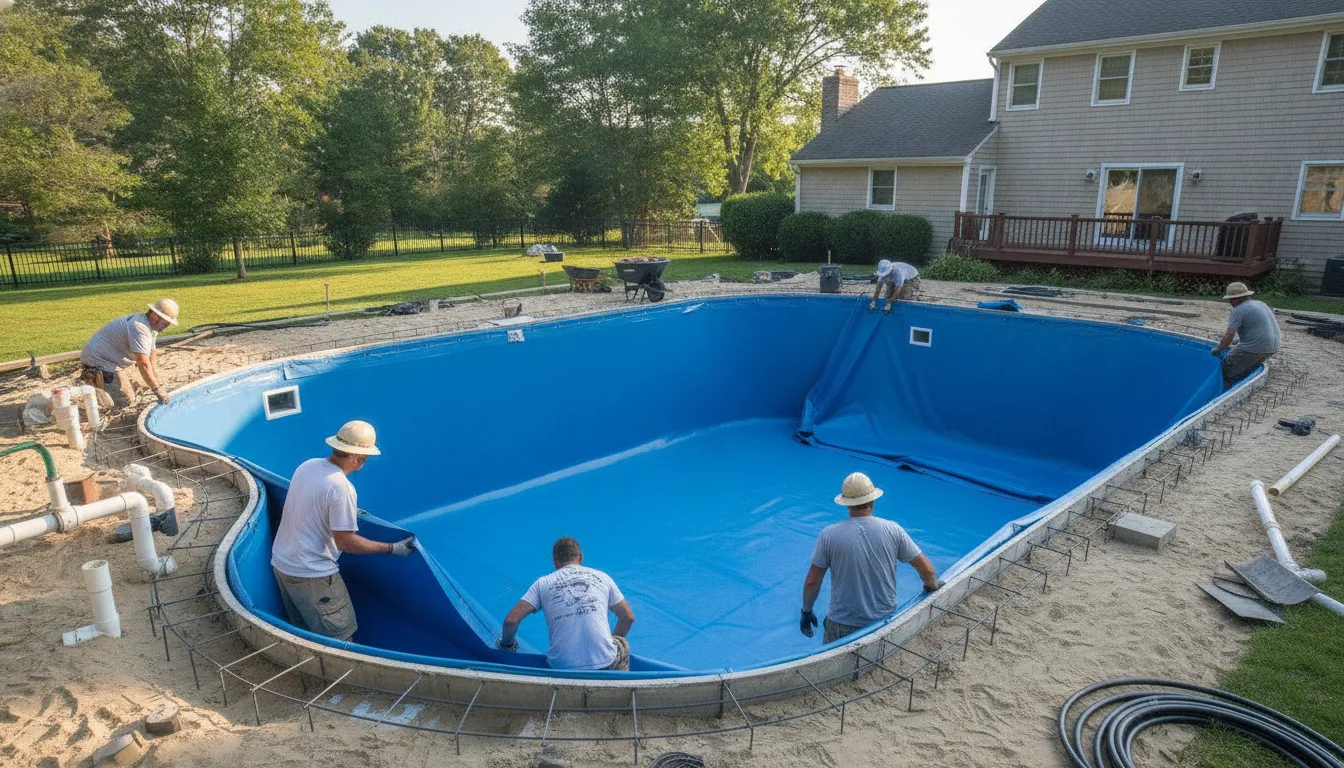 Workers installing the liner and structure of an inground vinyl pool during construction in a Long Island backyard