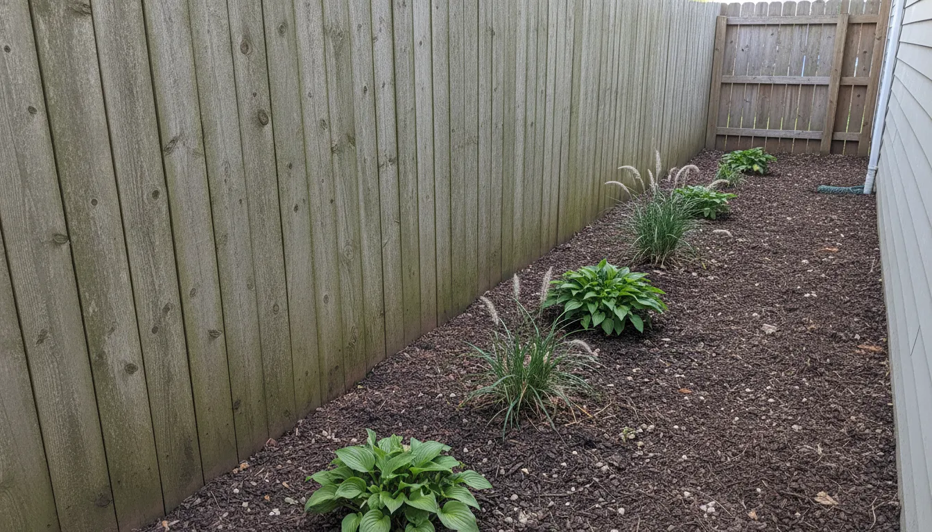 Narrow side yard with a wood privacy fence and a mulched bed too small for tall evergreens