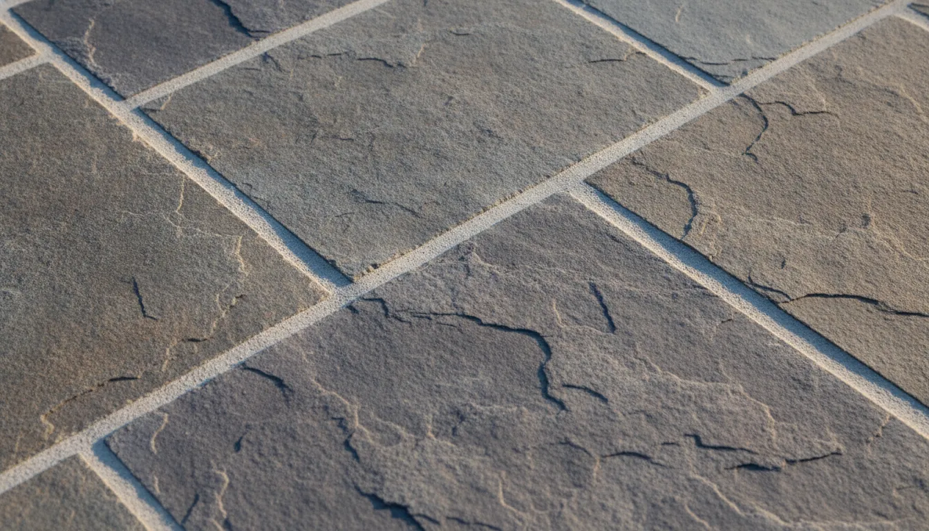 Close-up of a natural cleft bluestone patio surface with grey-blue sandstone texture and clean masonry joints