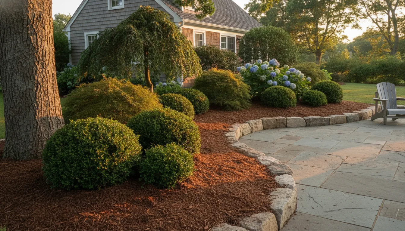 Layered planting bed beside a stone patio