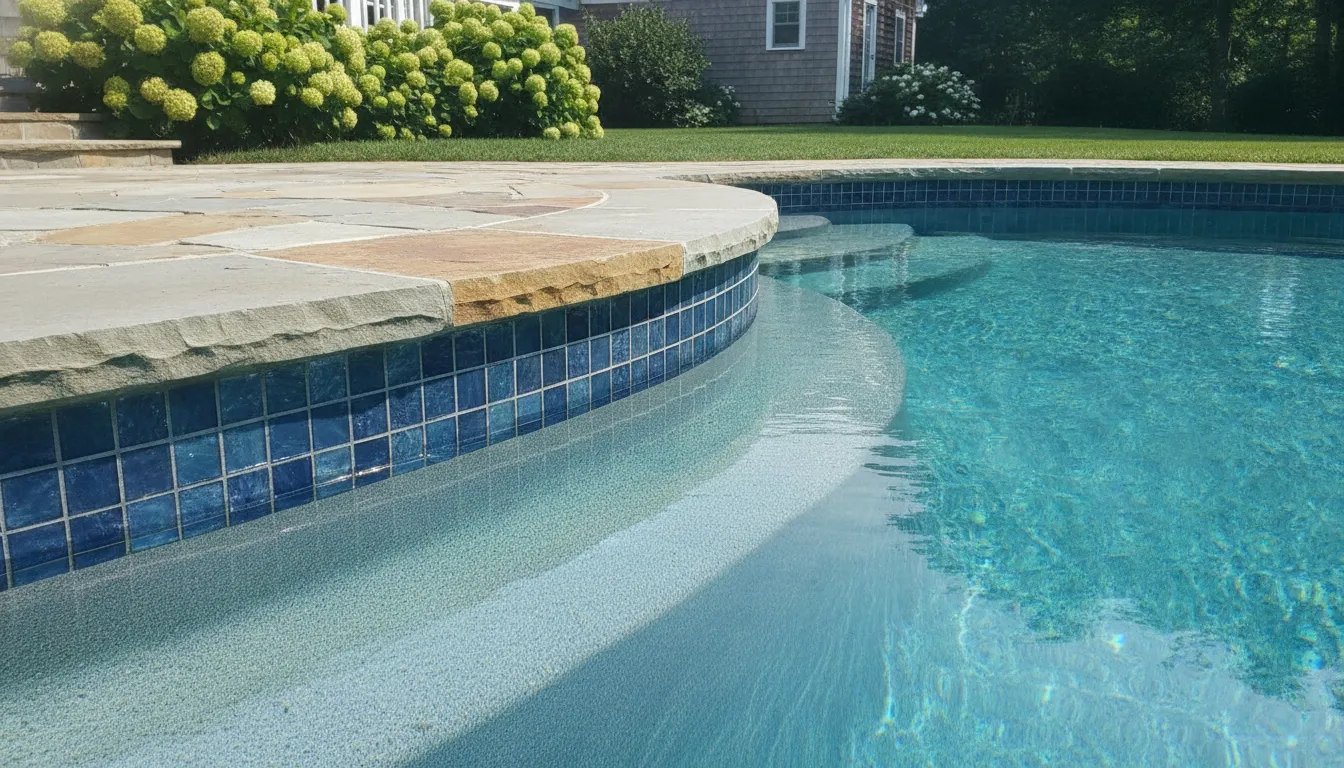 New natural stone coping and blue glass waterline tile around a renovated gunite pool