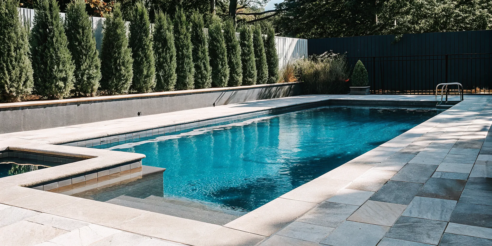 A dense row of Thuja Arborvitae evergreens providing backyard pool privacy