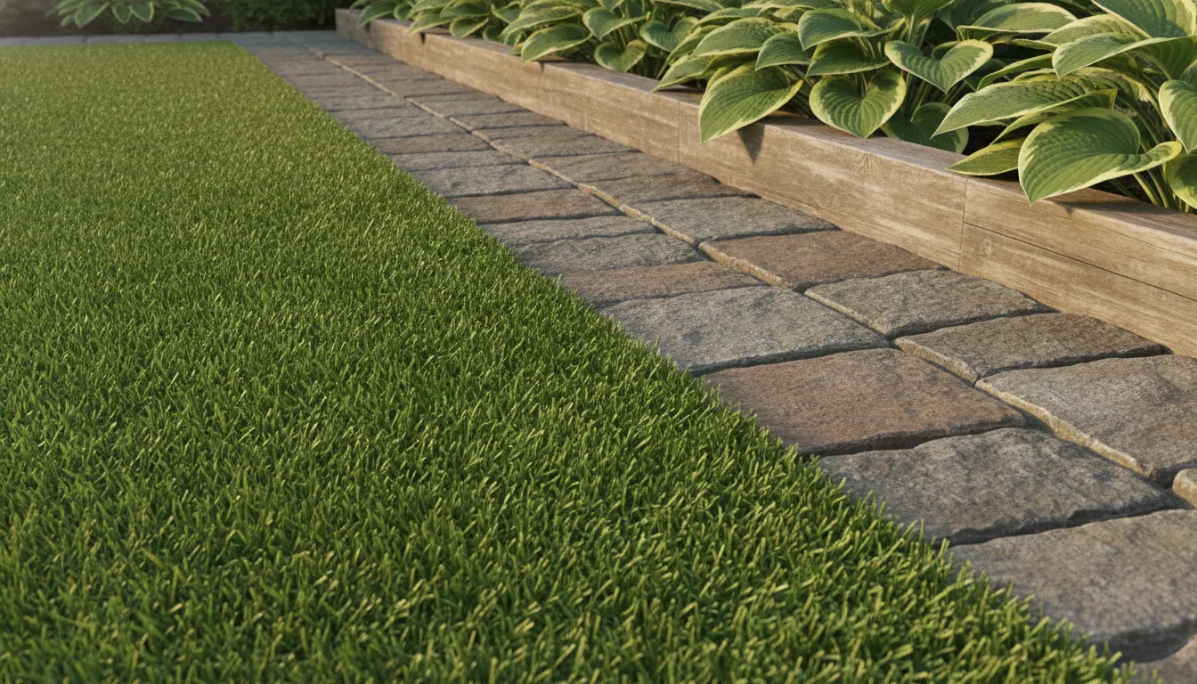 synthetic turf lawn meeting natural stone pavers