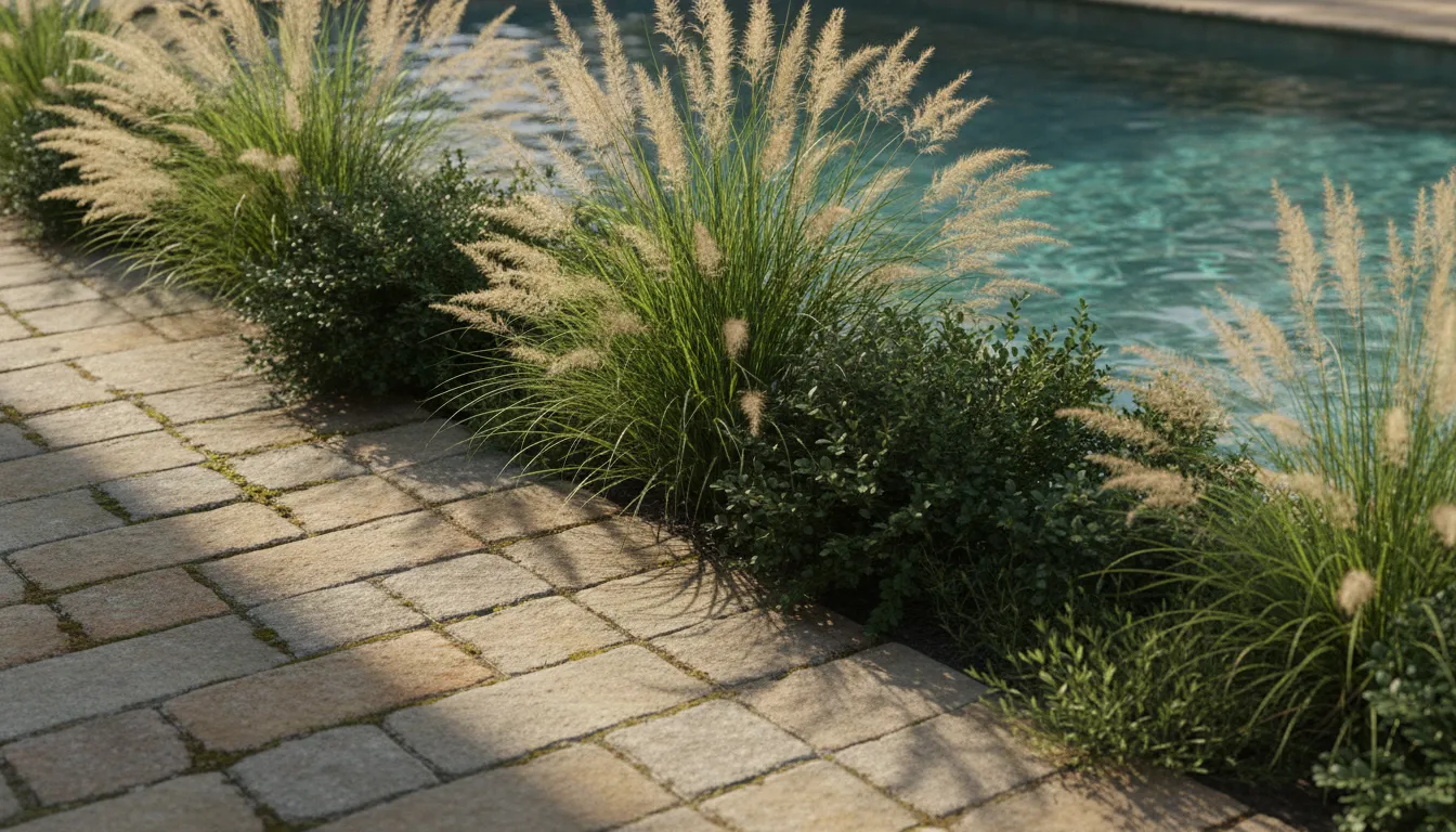 Ornamental grasses and shrubs planted along a natural stone pool deck