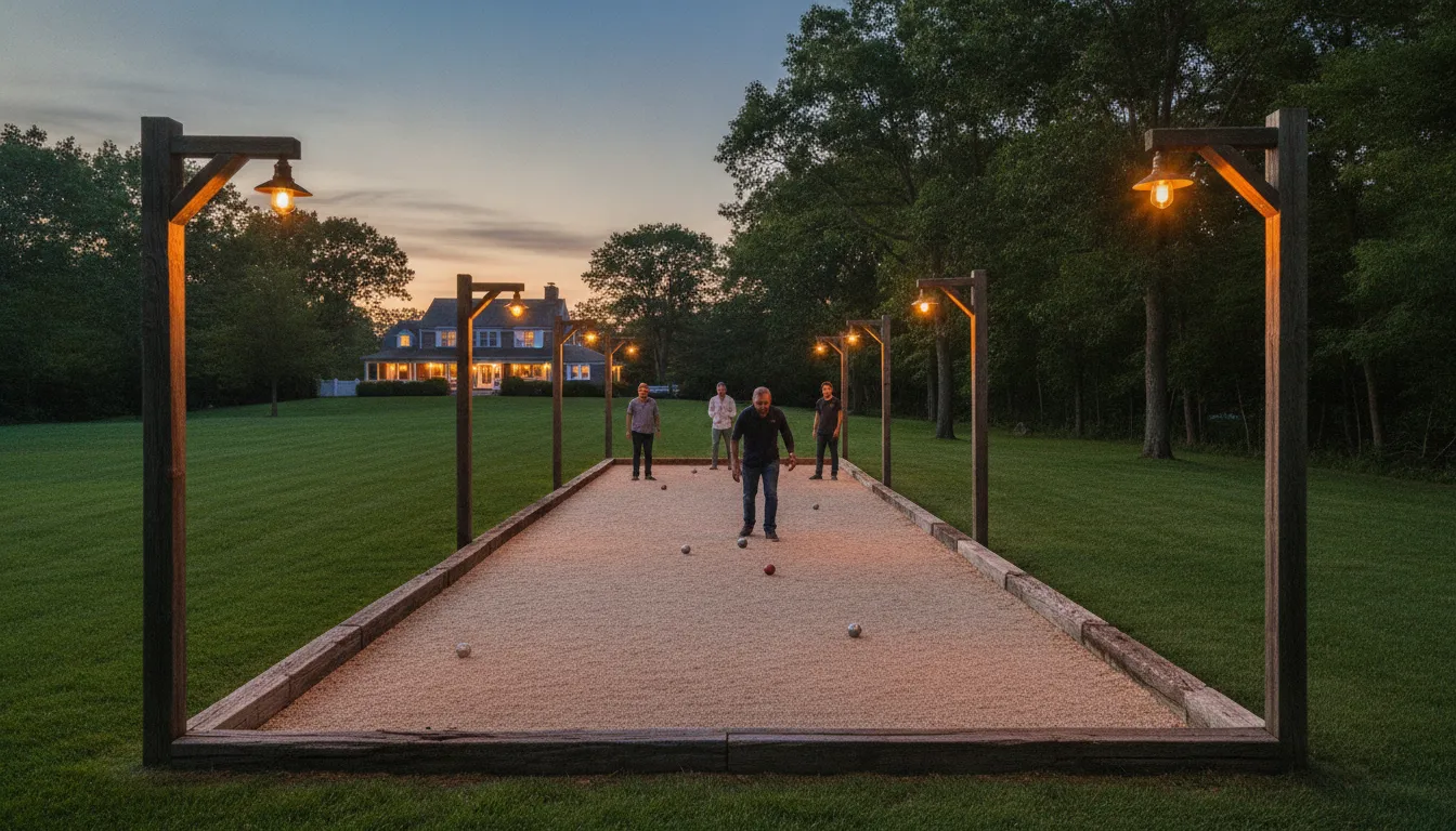 Illuminated bocce court at dusk with pole lights and timber border on a Long Island backyard