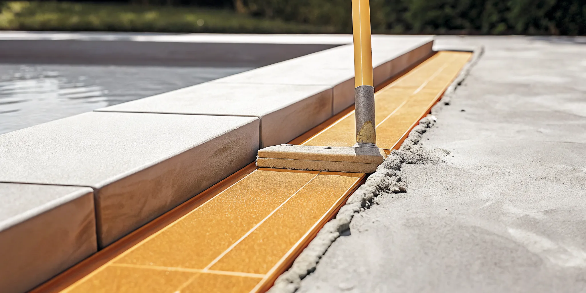 Porcelain and concrete pool deck pavers with clean joints beside a swimming pool
