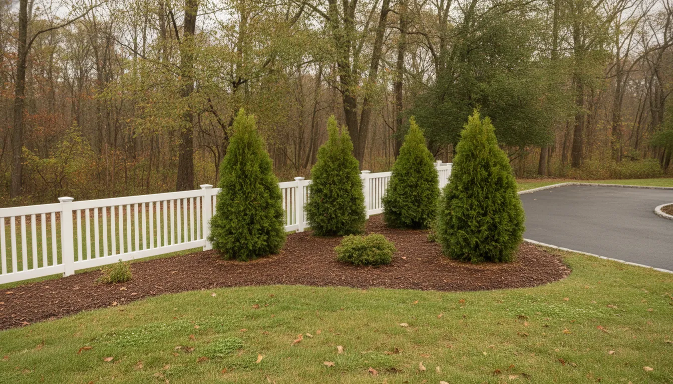 Open white fence and young evergreen shrubs beside a Long Island driveway