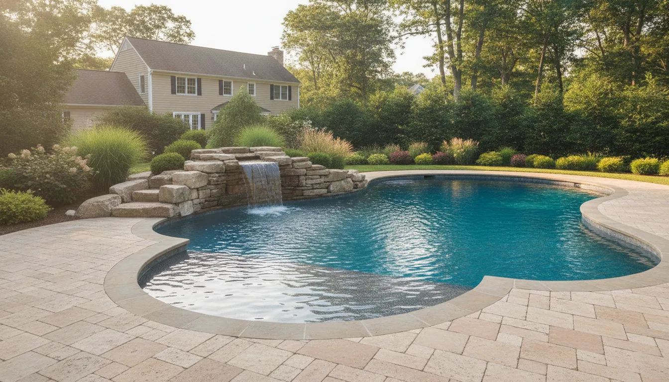 Backyard gunite pool with a natural stone waterfall and shallow tanning ledge