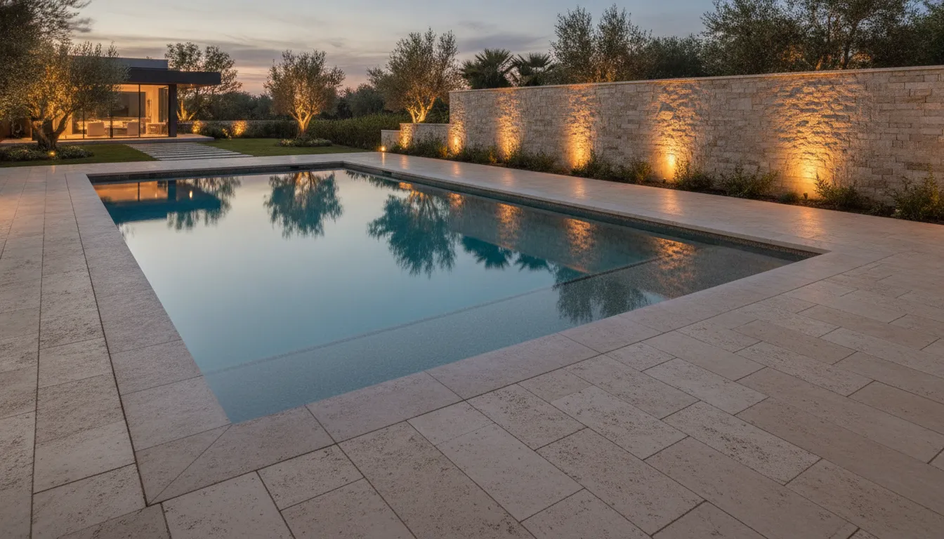 Warm landscape accent lights along a natural stone pool patio at dusk