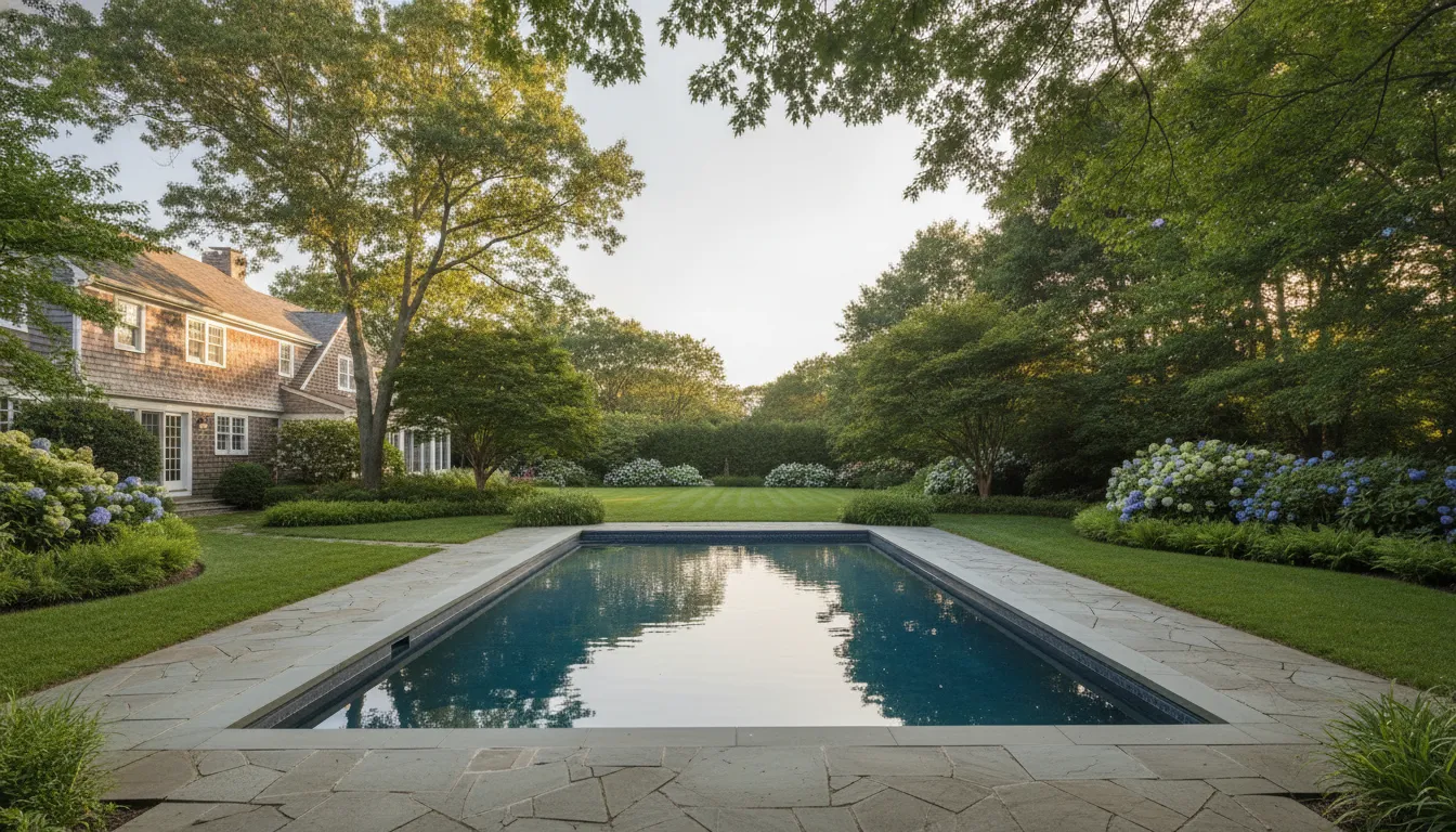 Trees and shrubs framing a Long Island pool