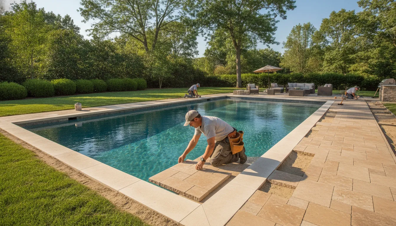 Contractor installing natural travertine pavers around a renovated in-ground swimming pool