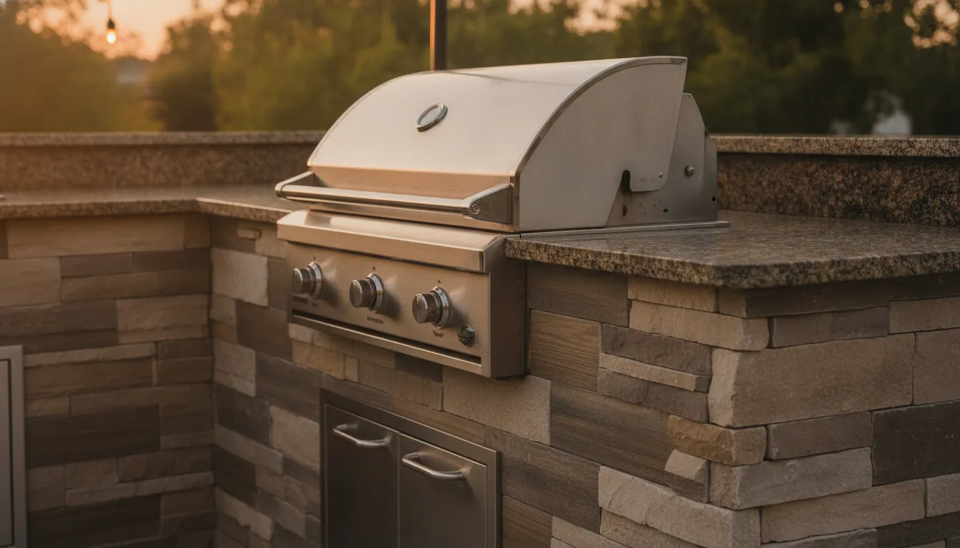Built-in stainless steel grill with a granite countertop in a custom outdoor kitchen island