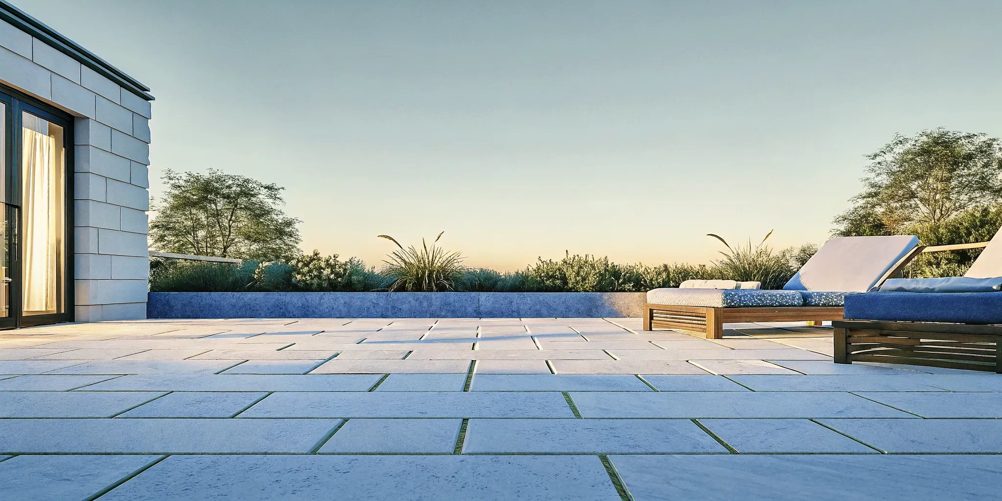 A classic natural stone patio featuring natural travertine pavers installed in a French pattern