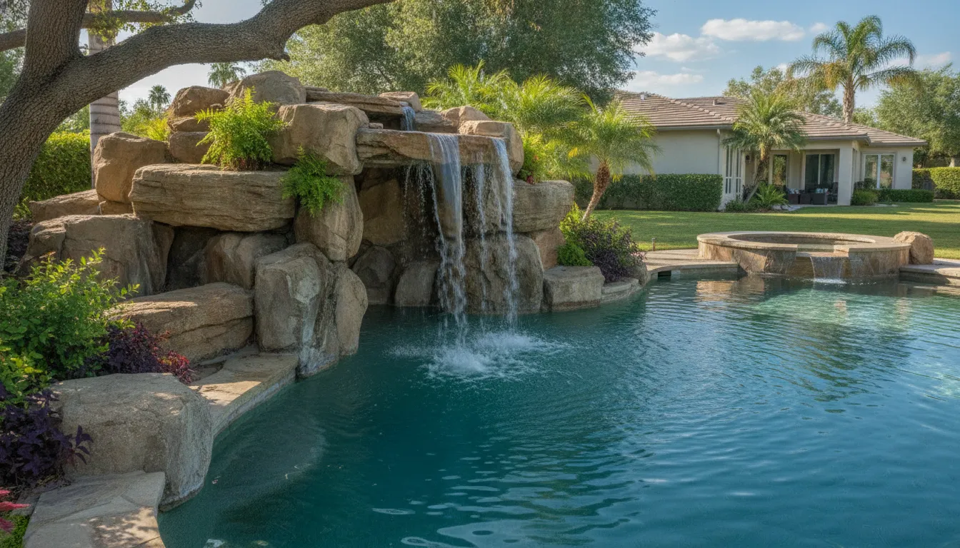 Sheer descent pool waterfall feature with clean water sheet arcing into a gunite pool