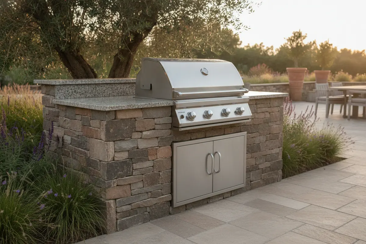 Natural stone outdoor kitchen with a granite counter and closed storage