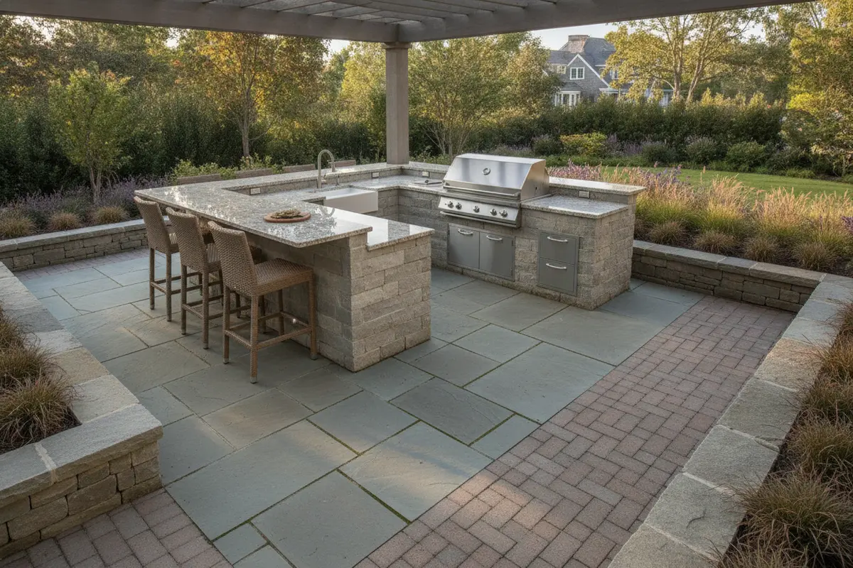 Outdoor kitchen layout with clear paths around an island