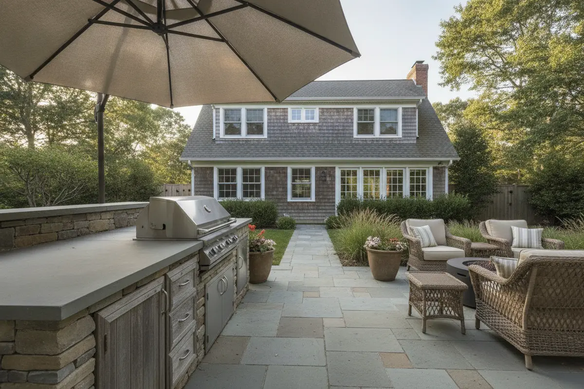 Outdoor kitchen layout with grill, preparation counter, and open patio walkway