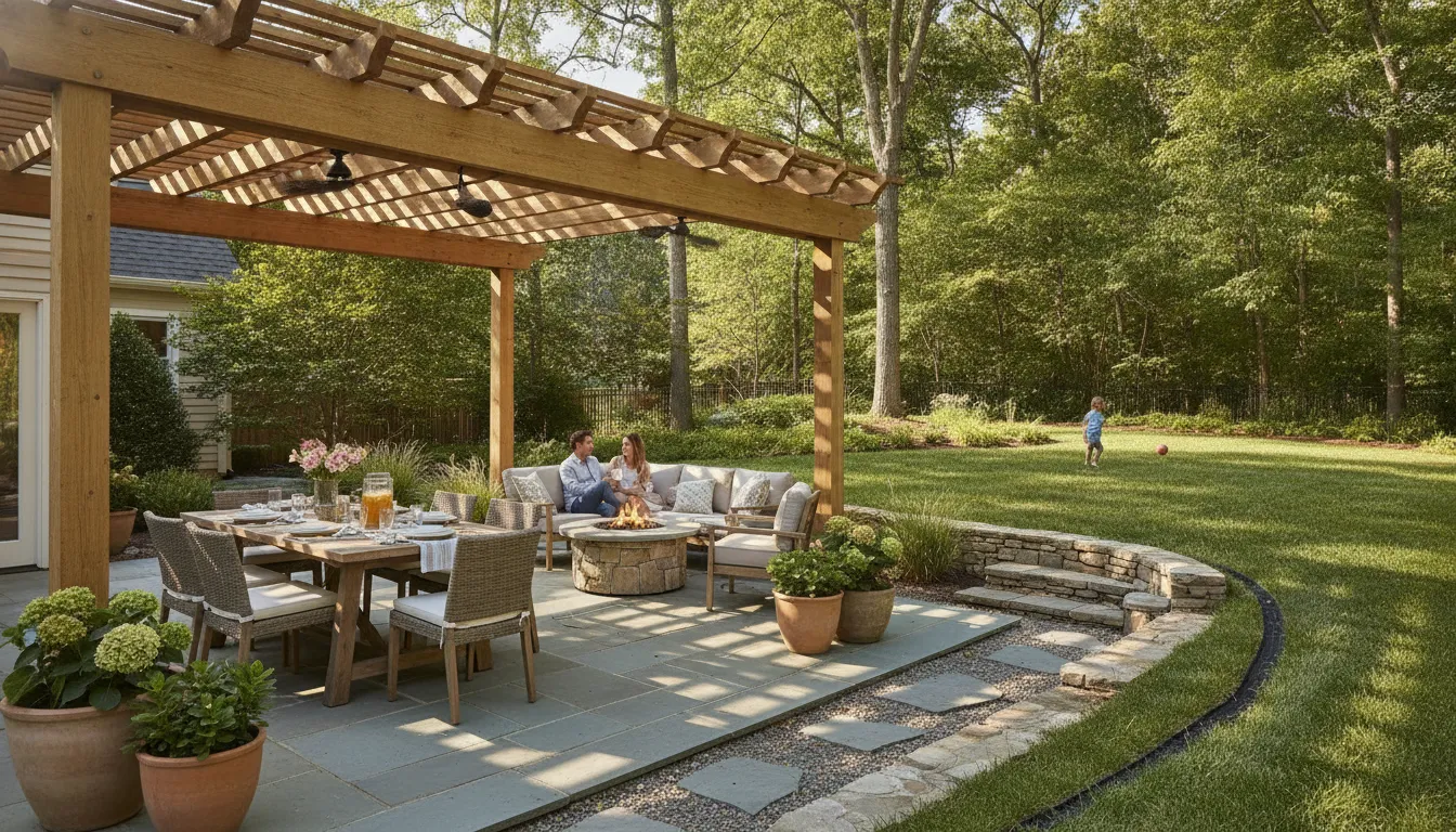 Long Island patio with pergola seating and landscaping