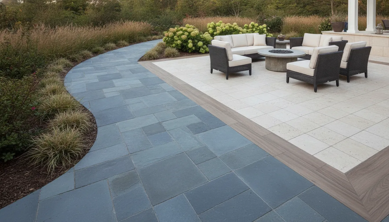 Coordinated patio materials showing stone textures, pavers, and connected outdoor furnishings
