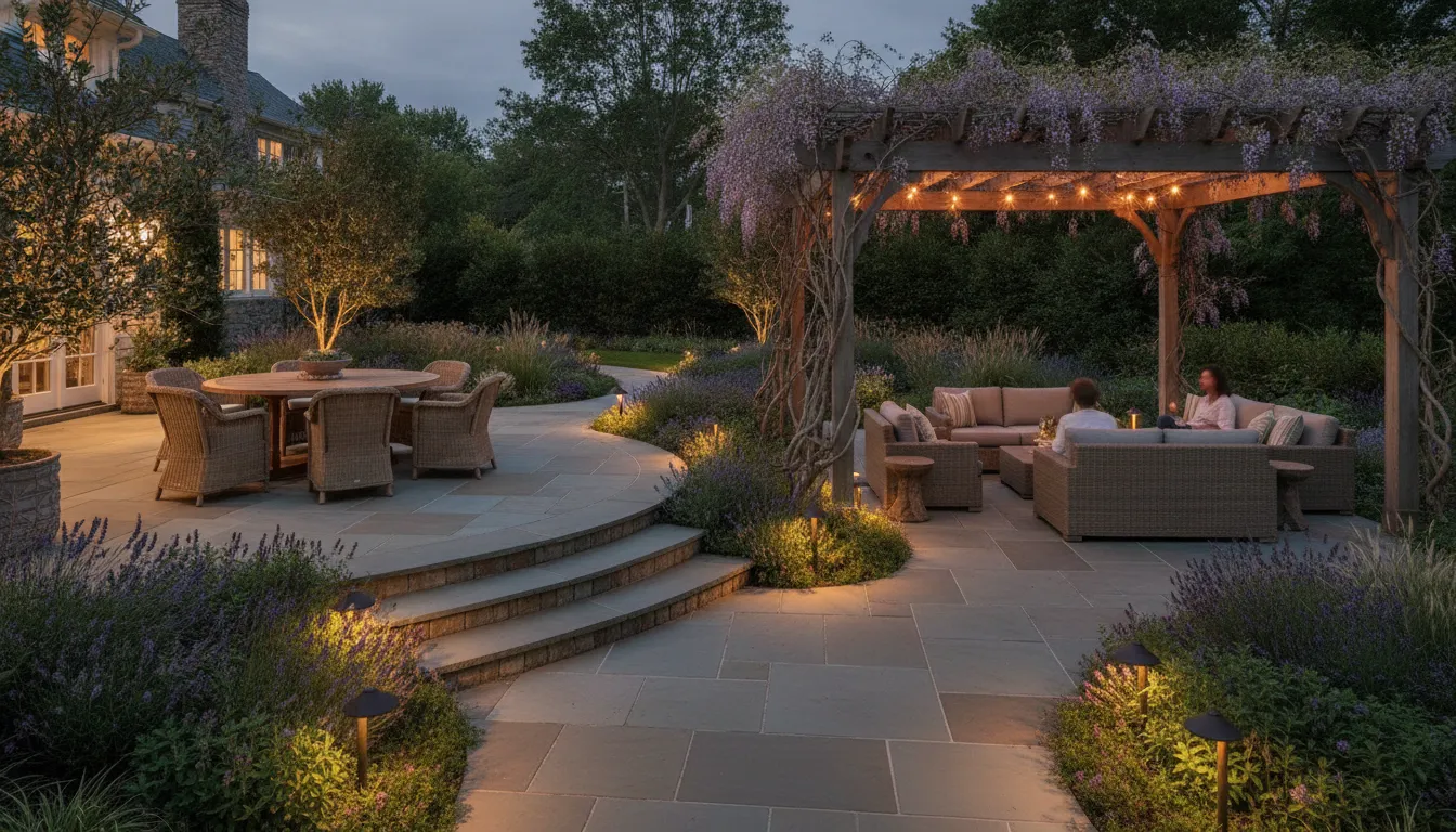 Patio layout showing connected seating, walking, and planting zones