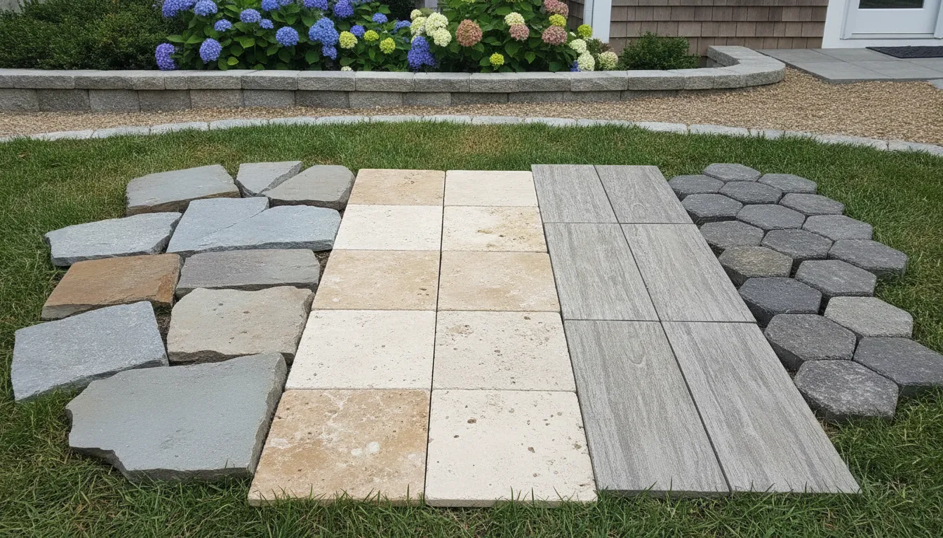 Patio material samples beside a Long Island home