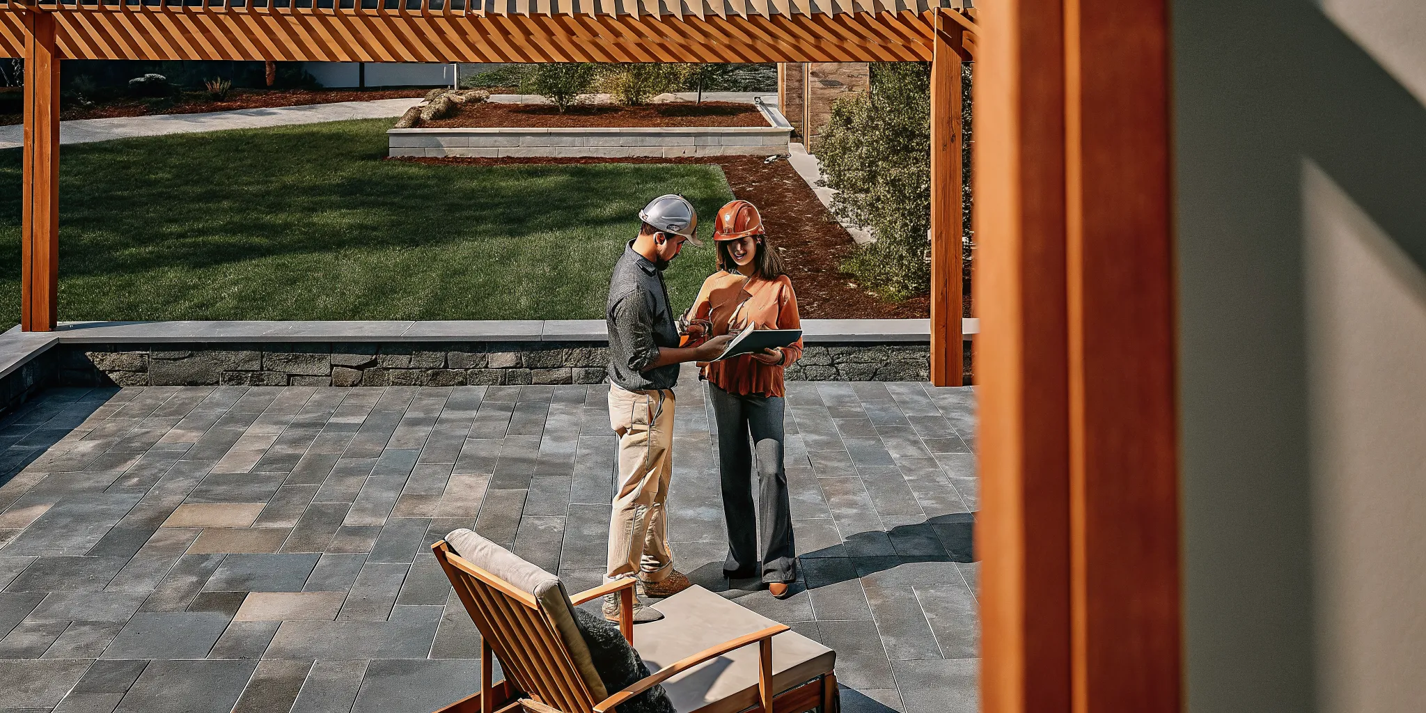 Homeowners discussing pergola material samples during a backyard consultation
