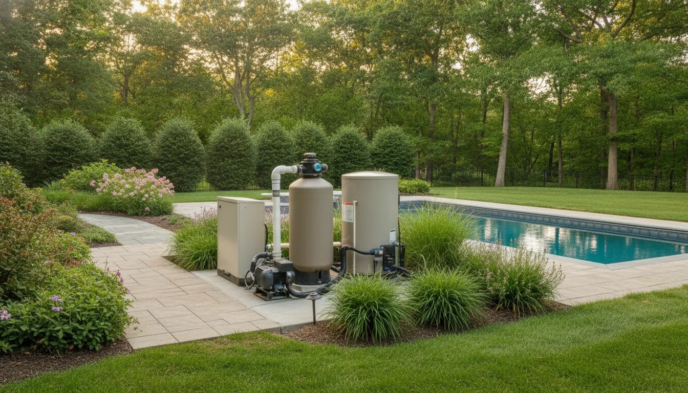 Organized residential pool equipment pad with automation controls