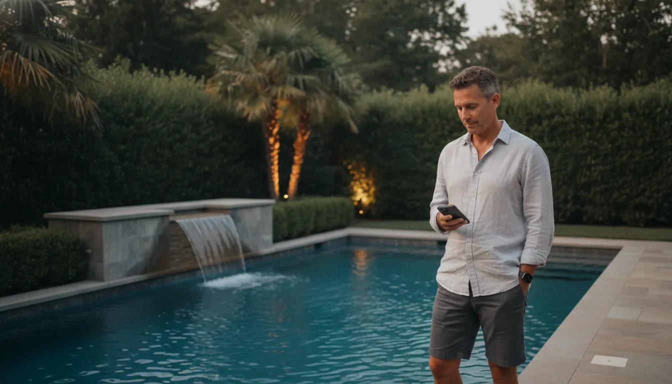 Homeowner using pool automation near a lit backyard pool