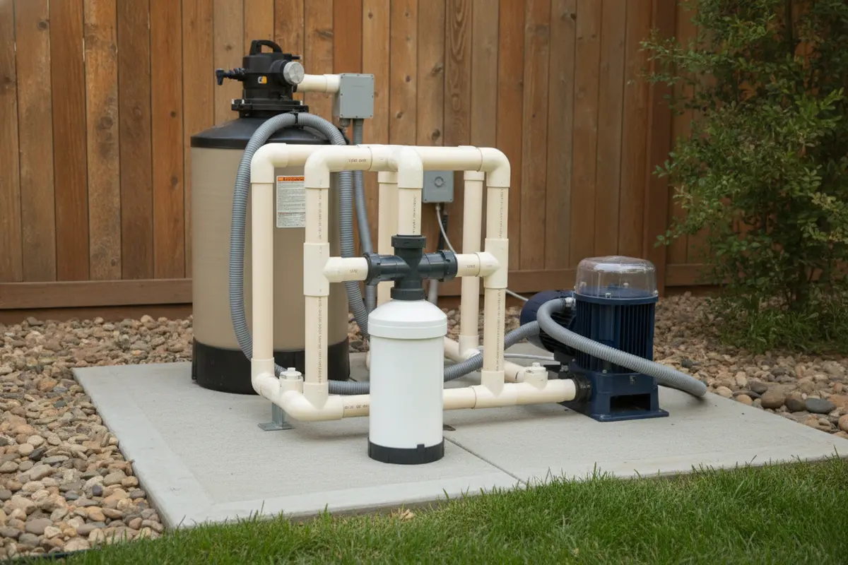 Pool circulation equipment and salt chlorine generator installed neatly beside a residential pool