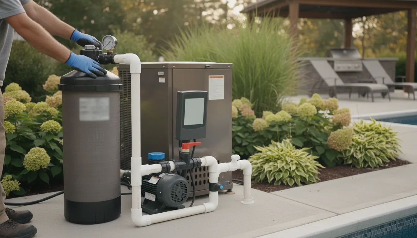 Technician checking inground pool equipment controls in a Long Island backyard