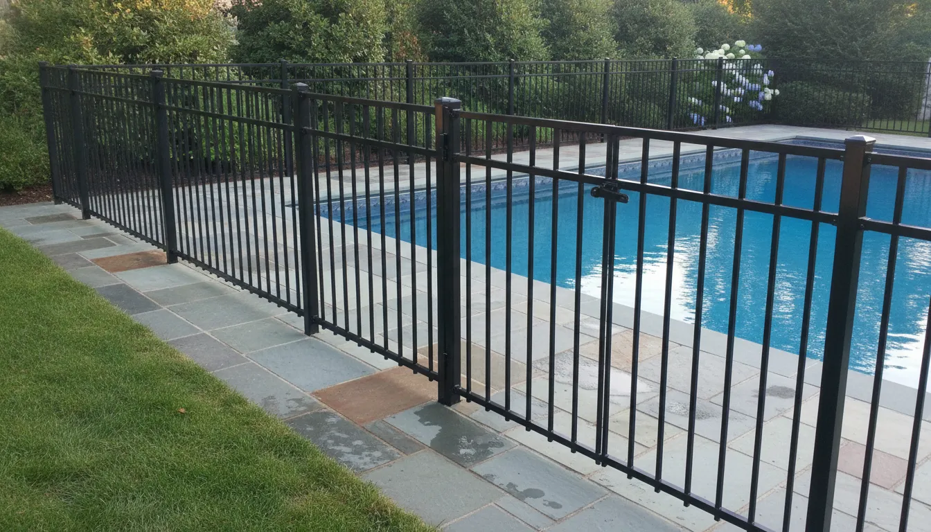 Black aluminum pool fence beside a bluestone paver deck